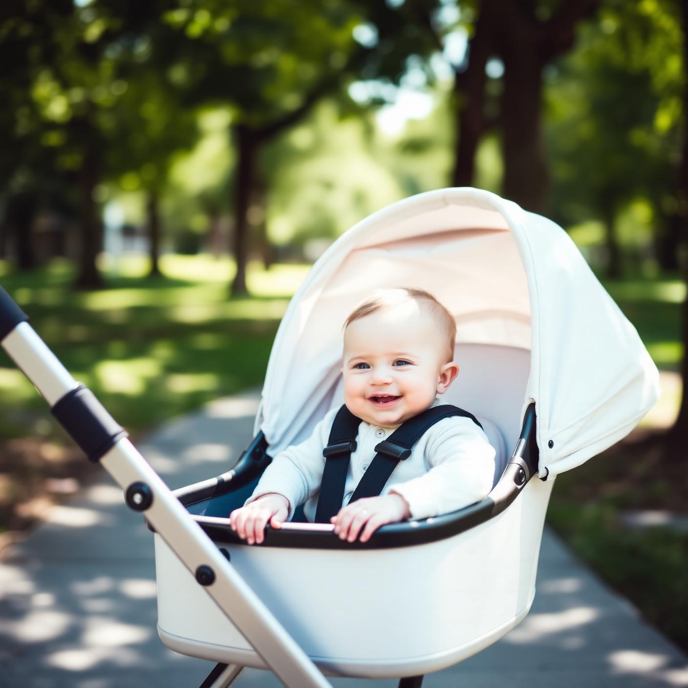A happy baby smiling in a freshly cleaned pram